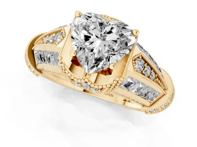 Heart-Shaped Vintage Milgrain Engagement Ring Setting | Hidden Halo | Yellow Gold