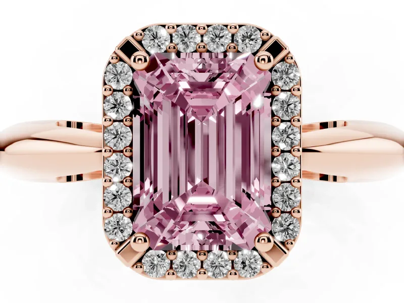 Emerald Cut Halo Engagement Ring Setting for a Fancy Pink Lab-Grown Diamond | Plain Band | Rose Gold