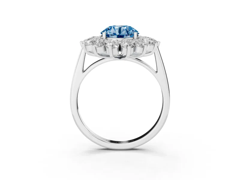 Round Floral Halo Engagement Ring Setting for a Fancy Blue Lab-Grown Diamond | Plain Band | Platinum
