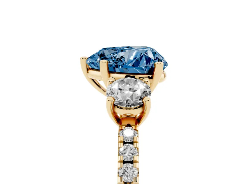 Heart-Shaped Three Stone Engagement Ring Setting for a Fancy Blue Lab-Grown Diamond | Pave Shoulders | Yellow Gold