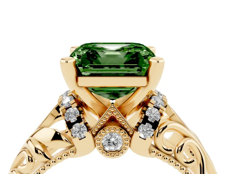 Fancy Green Asscher Cut Diamond Filigree Halo Engagement Ring Set in Yellow gold with Prong Setting