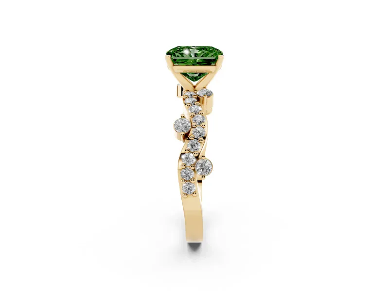 Fancy Green Radiant Cut Diamond Solitaire Twisted Band Set in Yellow gold with Pavé Setting