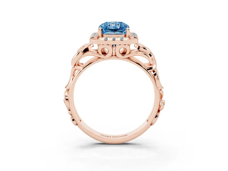 Fancy Blue Radiant Cut Diamond Halo Ring Set in Rose gold with Scrollwork Band and Prong Setting
