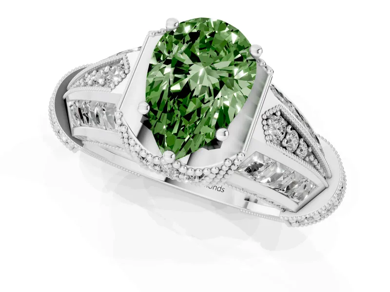 Fancy Green Pear Cut Diamond Vintage-Inspired Milgrain Ring Set in Silver with Accent Split Shank