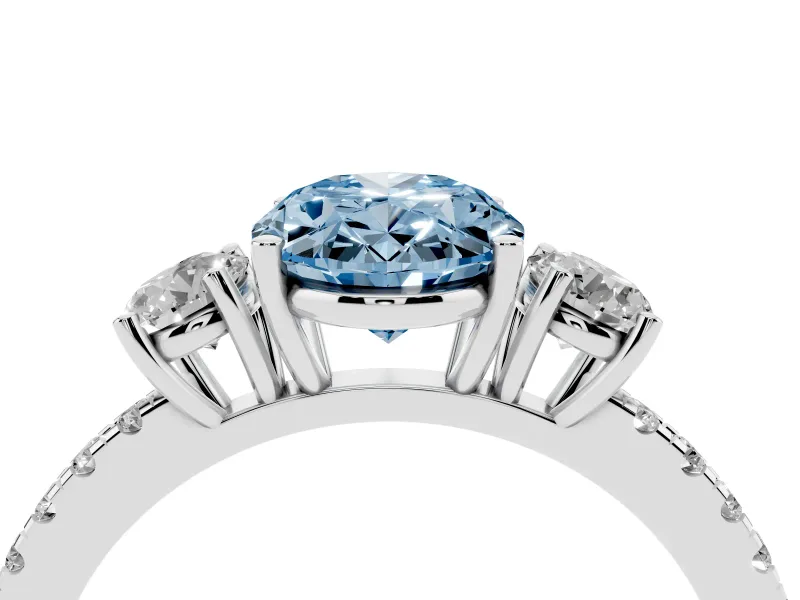 Fancy Blue Oval Cut Diamond Three-Stone Ring Set in Silver with Pavé Band and Graduated Sides