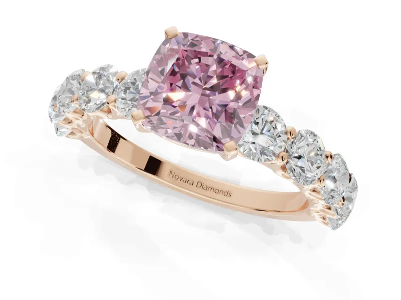 Cushion Cut Side Stone Engagement Ring Setting for a Fancy Pink Lab-Grown Diamond | Scalloped Prong Accents | Rose Gold