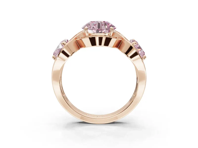 Round Three Stone Halo Engagement Ring Setting for a Fancy Pink Lab-Grown Diamond | Pavé Wave Band | Rose Gold