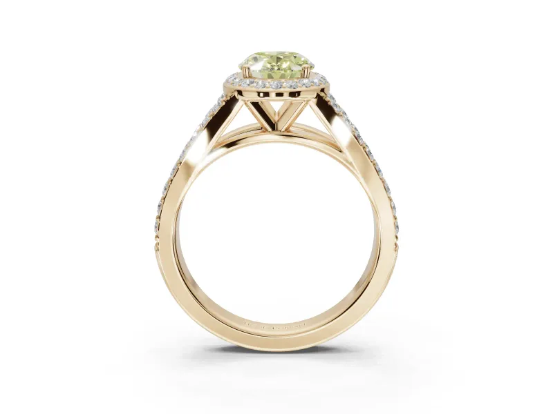Oval Halo Pavé Engagement Ring Setting for a Fancy Yellow Lab-Grown Diamond | Narrow Split Shank | Yellow Gold