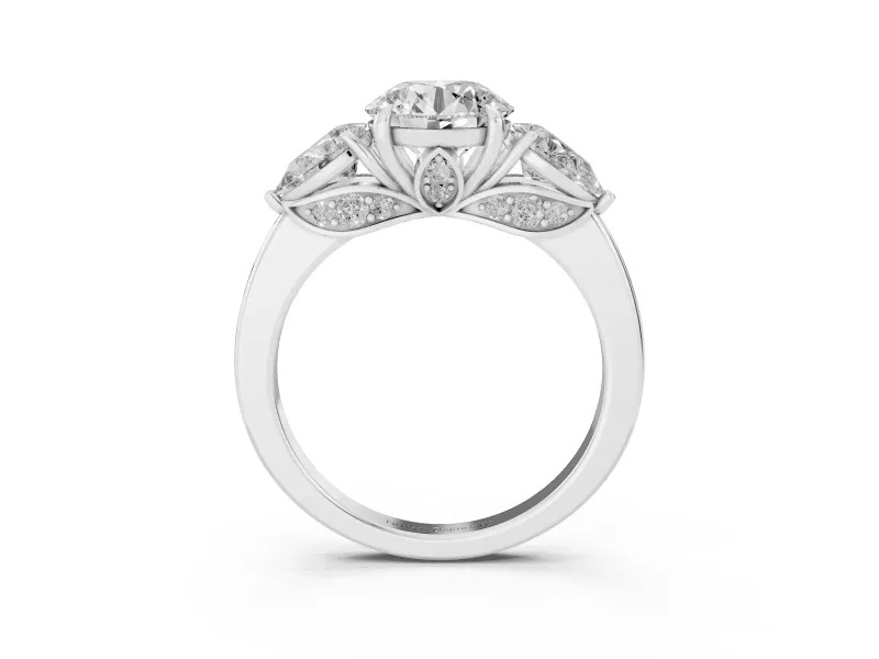 Round Three Stone Engagement Ring Setting | Pear Side Stones | Platinum