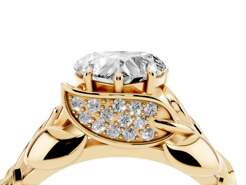 Heart-Shaped Leaf Bypass Engagement Ring Setting | Pave Leaf Accents | Yellow Gold