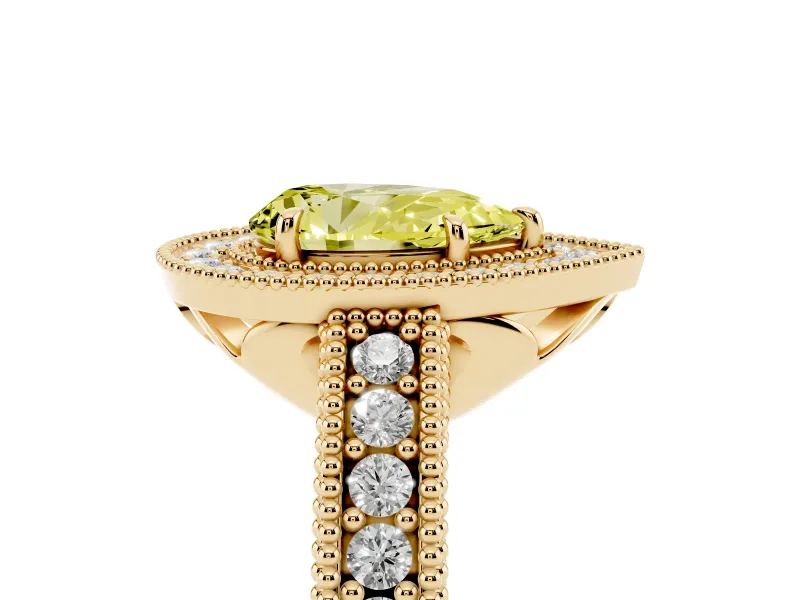 Fancy Yellow Pear Cut Diamond Halo Ring Set in Yellow gold with Round Accent Halo, Pavé Band and Prong Setting