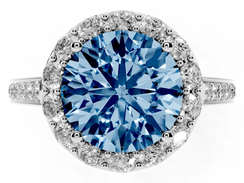 Round Floral Halo Engagement Ring Setting for a Fancy Blue Lab-Grown Diamond | Large Round Accents | Sterling Silver