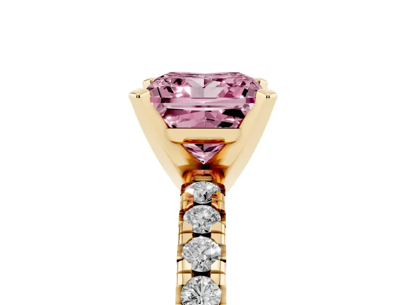 Fancy Pink Princess Cut Diamond Solitaire Pavé Engagement Ring Set in Yellow gold with Round Band and Prong Setting