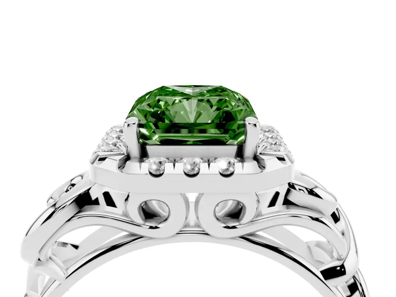 Fancy Green Radiant Cut Diamond Halo Ring Set in White gold with Scrollwork Band and Prong Setting