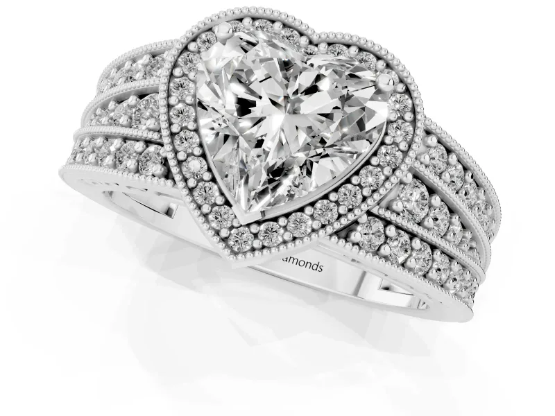 Heart-Shaped Milgrain Halo Engagement Ring Setting | Three-Row Split Shank | White Gold
