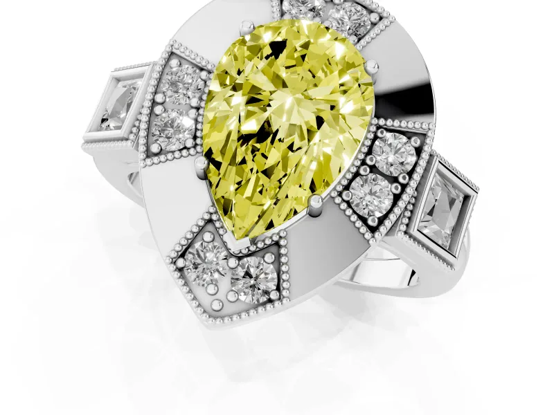 Fancy Yellow Pear Cut Diamond Milgrain Halo Ring Set in White gold with Split Shank
