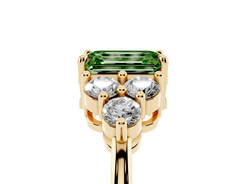 Fancy Green Emerald Cut Diamond Solitaire Ring Set in Yellow gold with Cluster Accents on Each Side