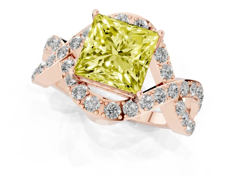 Fancy Yellow Princess Cut Diamond Solitaire Twist Band Pavé Engagement Ring Set in Rose gold