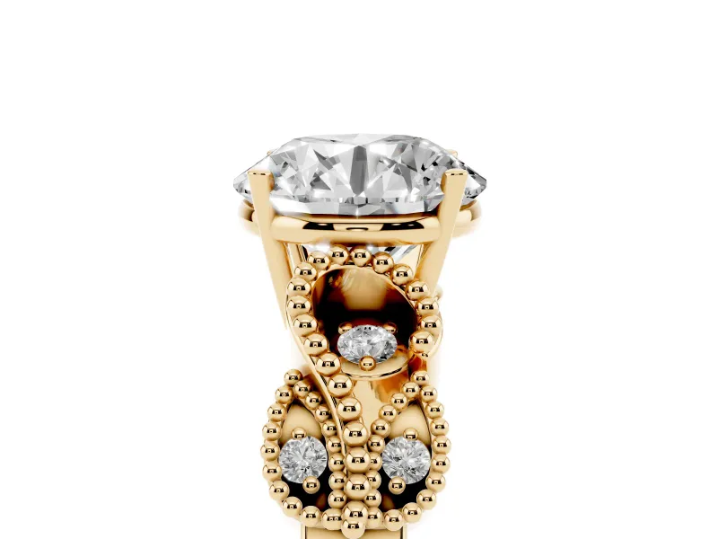 Round Cut Diamond Milgrain Leaf Band Solitaire Ring Set in Yellow gold with Accent Stones and Prong Setting