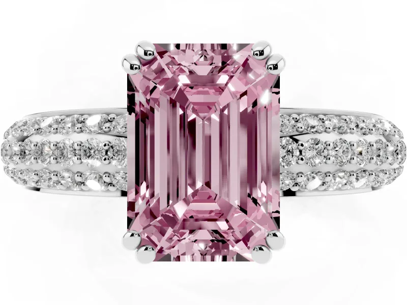 Emerald Cut Three Row Pave Engagement Ring Setting for a Fancy Pink Lab-Grown Diamond | Platinum