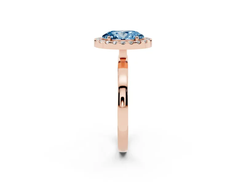 Fancy Blue Oval Cut Diamond Halo Solitaire Ring Set in Rose gold with Pavé Band and Prong Setting