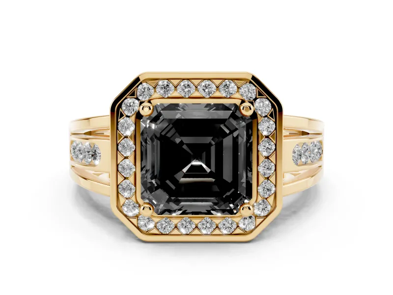 Fancy Black Asscher Cut Diamond Halo Ring Set in Yellow gold with Pavé and Bezel Accent Split Shank