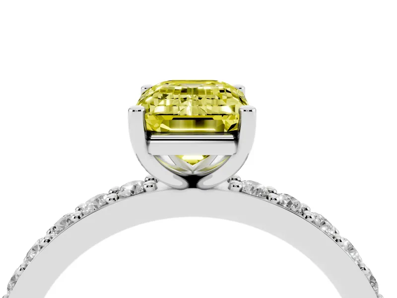 Emerald Cut Pavé Solitaire Engagement Ring Setting for a Fancy Yellow Lab-Grown Diamond | Single Row Band | White Gold
