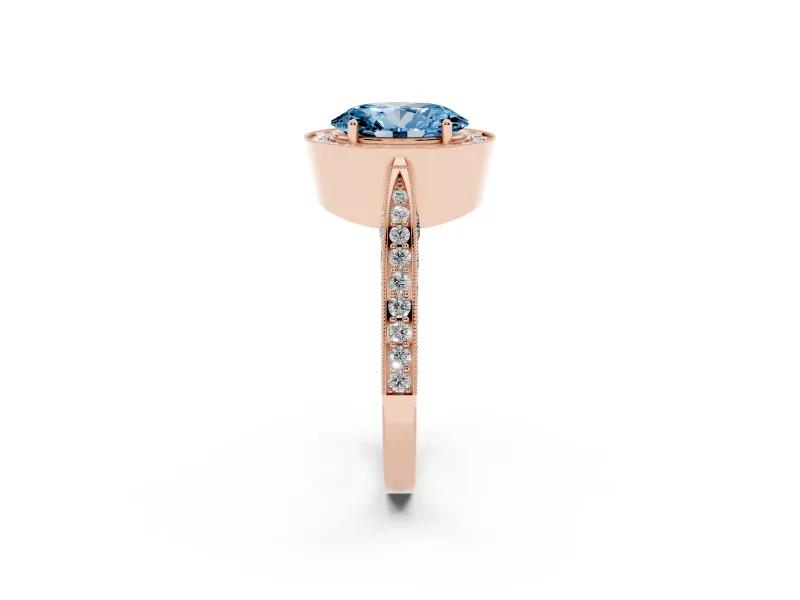 Fancy Blue Oval Cut Diamond Halo Engagement Ring Set in Rose gold with Accent Split Shank Band