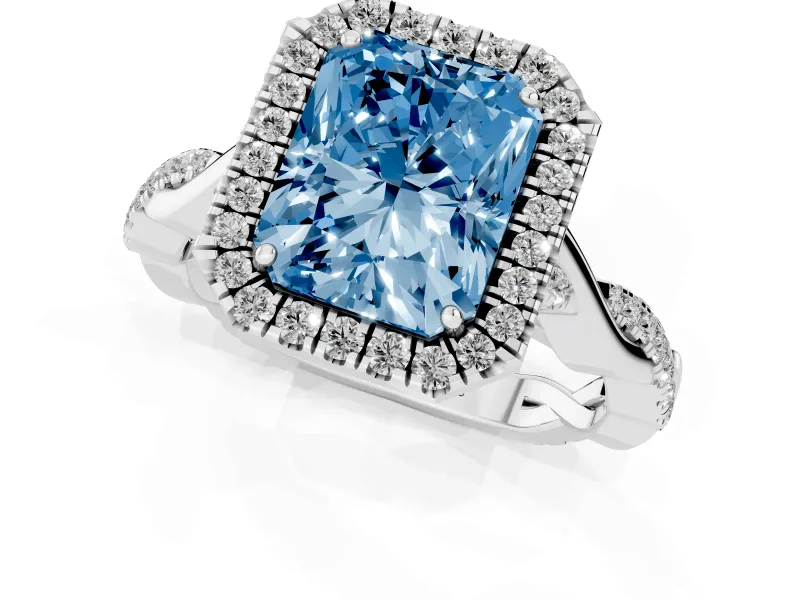 Radiant Cut Twist Halo Engagement Ring Setting for a Fancy Blue Lab-Grown Diamond | Platinum