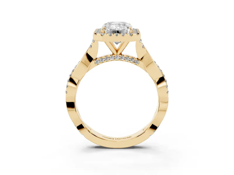 Emerald Cut Halo Engagement Ring Setting | Pavé Twist Band | Yellow Gold
