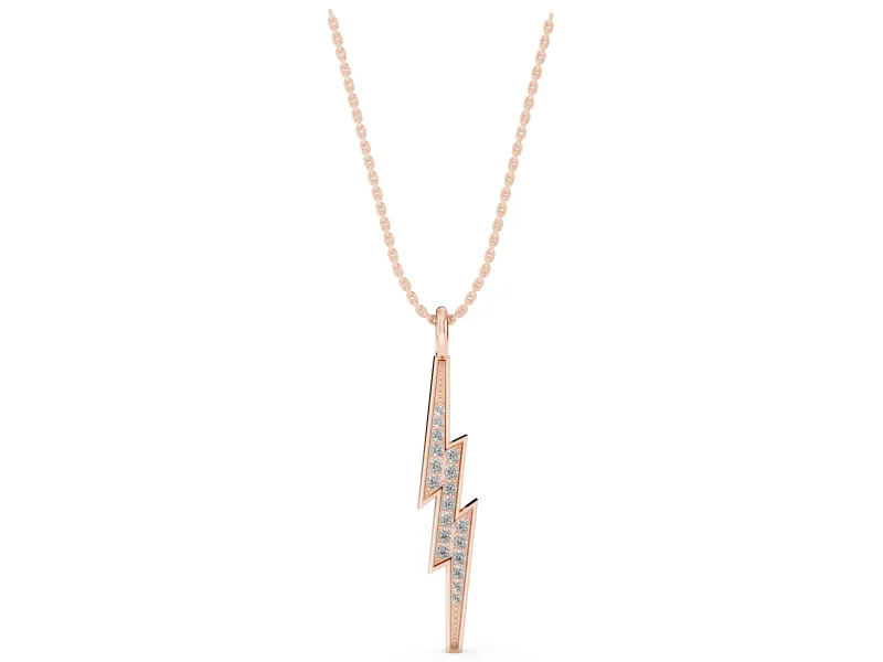 Round Lab-Grown Diamond Pavé Lightning Bolt Pendant Necklace | Polished Rim | Rose Gold