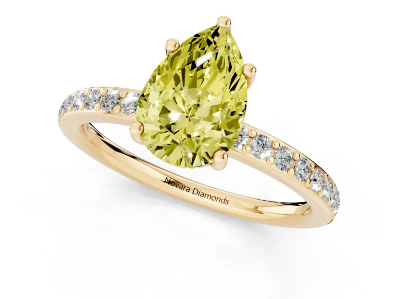Fancy Yellow Pear Cut Diamond Pavé Band Ring Set in Yellow gold with Prong-Set Center Stone