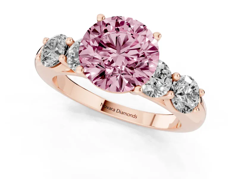 Fancy Pink Round Cut Diamond Five-Stone Prong Set Ring Set in Rose gold with Classic Band