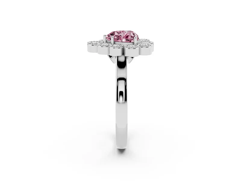 Heart-Shaped Milgrain Cluster Halo Engagement Ring Setting for a Fancy Pink Lab-Grown Diamond | Plain Band | Platinum