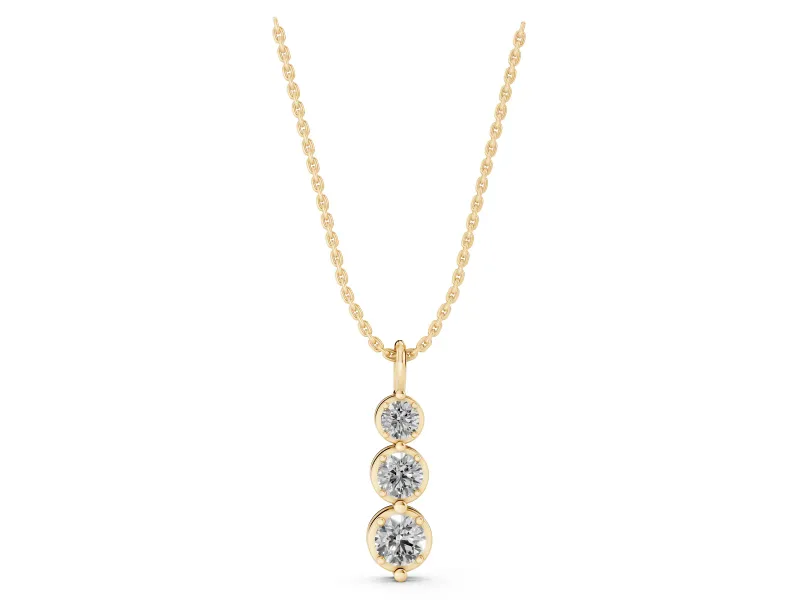 Round Lab-Grown Diamond Three-Stone Drop Pendant Necklace | Linked Cup Settings | Yellow Gold