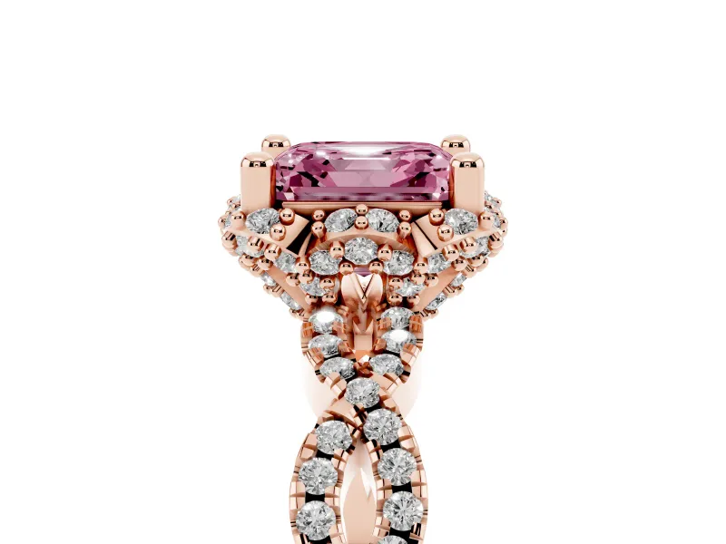 Fancy Pink Asscher Cut Diamond Halo Twist Band Solitaire Ring Set in Rose gold with Prong-Set Center Stone