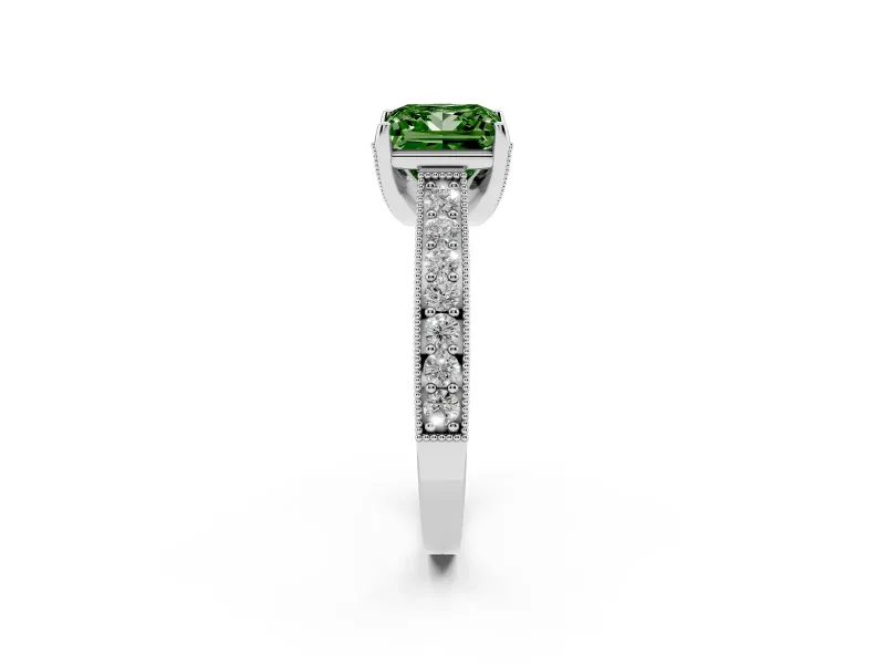 Princess Cut Hidden Halo Engagement Ring Setting for a Fancy Green Lab-Grown Diamond | Milgrain Pave | Platinum