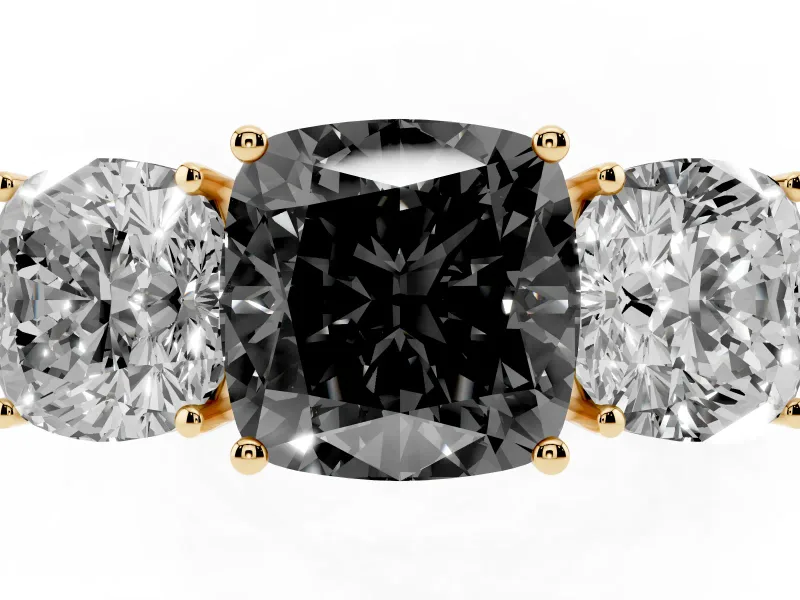 Fancy Black Cushion Cut Diamond Three-Stone Ring Set in Yellow gold with Textured Band