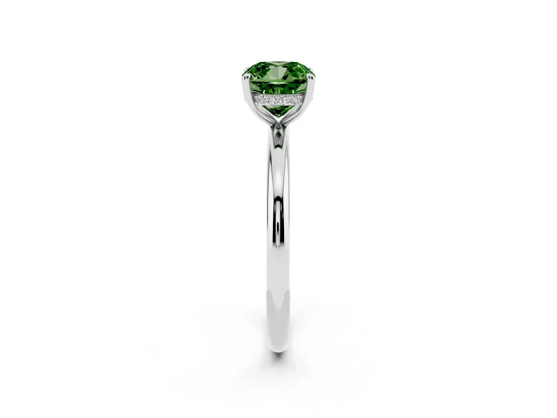 Fancy Green Cushion Cut Diamond Solitaire Ring Set in White gold with Thin Band and Prong Setting