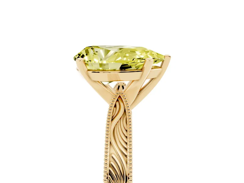 Fancy Yellow Pear Cut Diamond Solitaire Milgrain Engraved Band Set in Yellow gold with Prong Setting