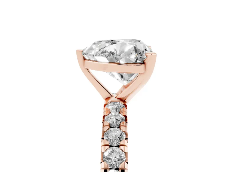 Heart Cut Diamond Pavé Solitaire Ring Set in Rose gold with Round Band and Prong Setting