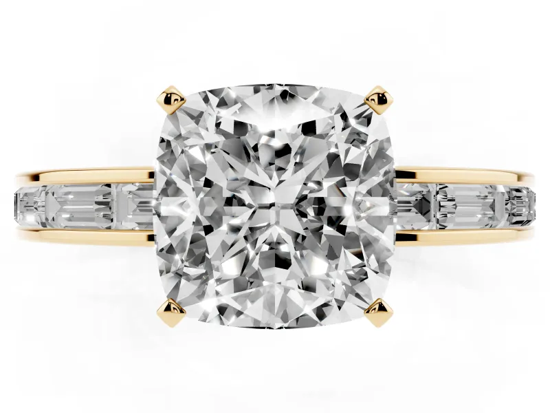 Cushion Cut Channel Set Engagement Ring Setting | Baguette Side Stones | Yellow Gold