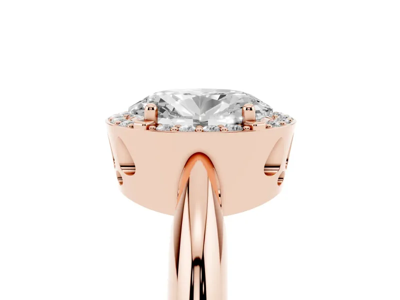 Oval Cut Diamond Halo Engagement Ring Set in Rose gold with Plain Split Shank and Prong Setting