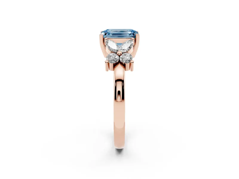 Emerald Cut Floral Side Stone Engagement Ring Setting for a Fancy Blue Lab-Grown Diamond | Rose Gold