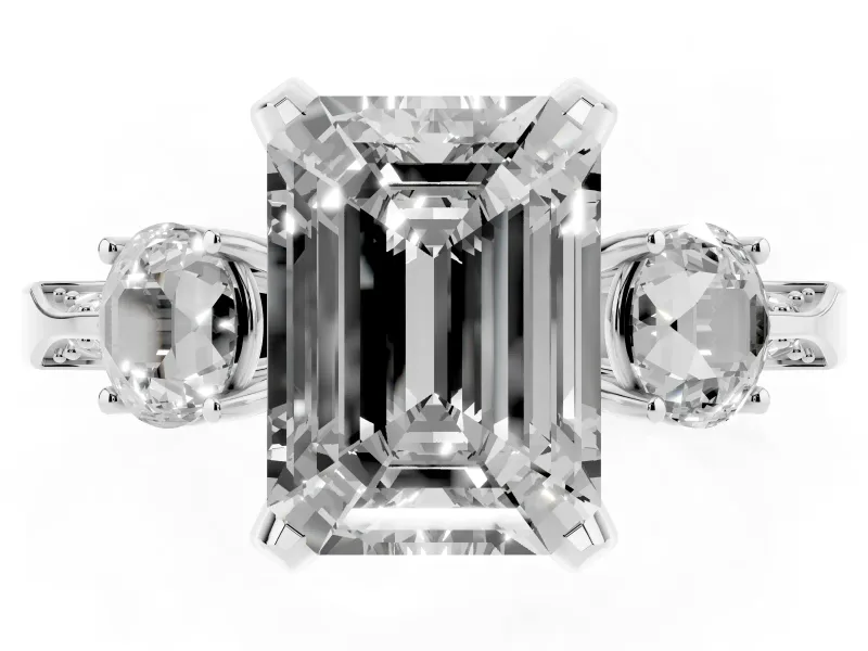 Emerald Cut Hidden Halo Three Stone Engagement Ring Setting for a Fancy Green Lab-Grown Diamond | Sterling Silver