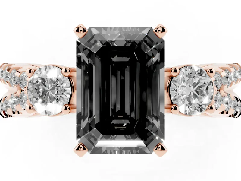 Emerald Cut Three Stone Engagement Ring Setting for a Black Center | Pavé Split Shank | Rose Gold