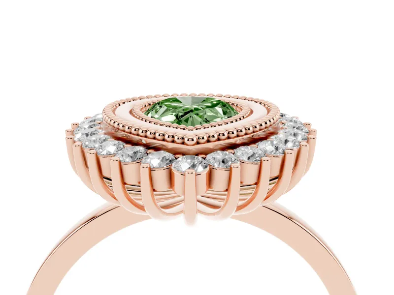 Fancy Green Pear Cut Diamond Halo Ring Set in Rose gold with Milgrain Edge and Round Prong Setting