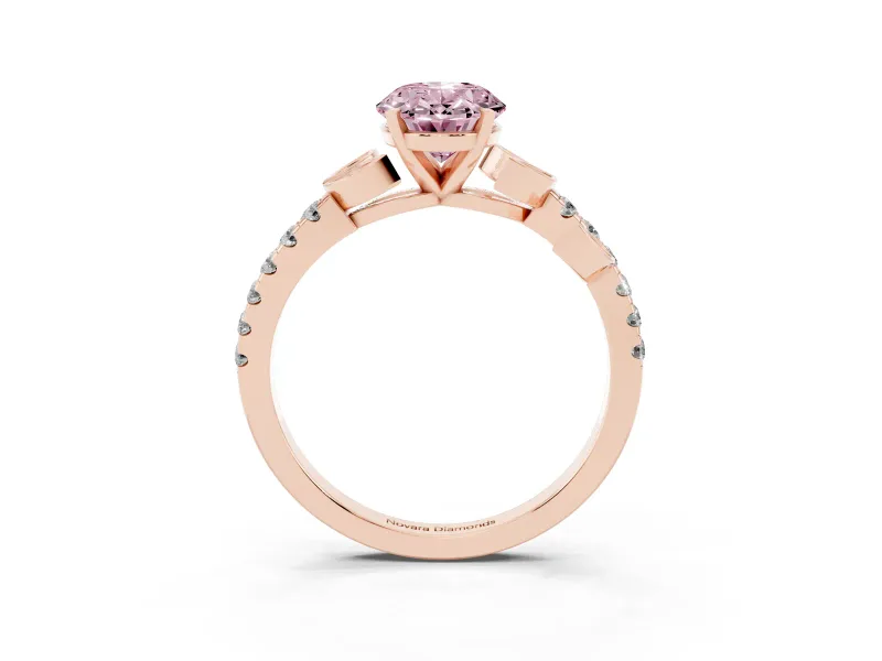 Fancy Pink Oval Cut Diamond Solitaire Leaf-Inspired Ring Set in Rose gold with Pavé Band and Prong Setting