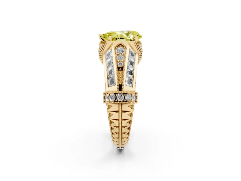 Fancy Yellow Pear Cut Diamond Vintage-Inspired Milgrain Ring Set in Yellow gold with Accent Split Shank