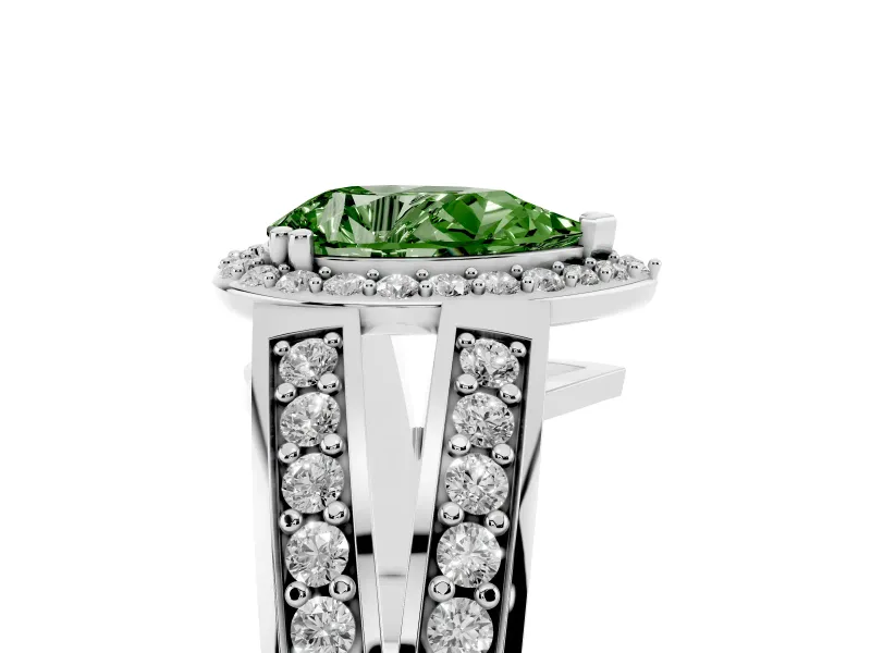 Pear-Shaped Halo Engagement Ring Setting for a Fancy Green Lab-Grown Diamond | Two-Row Pave Split Shank | White Gold